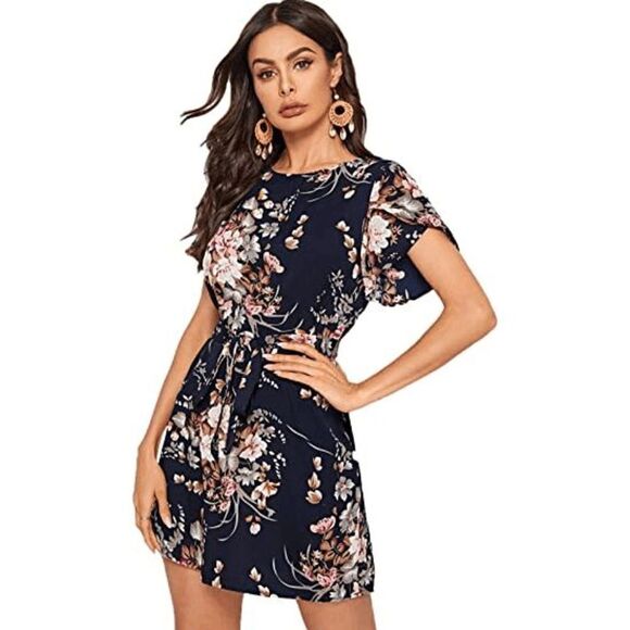 Women's Petal Short Sleeve Floral Print Belted Casual Mini Tunic Dress - Picture 3 of 4
